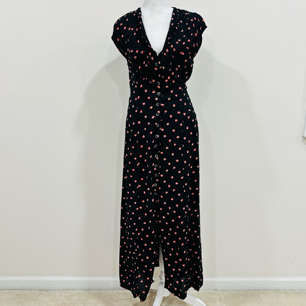 RARE Free People Rosemary Strawberry Print Grunge Maxi Dress Black Pink S